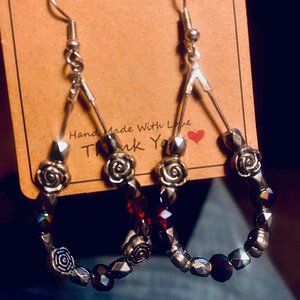 Radiant Roses - Red Rhinestone & Silver Rose Beaded Teardrop Hoop Earrings